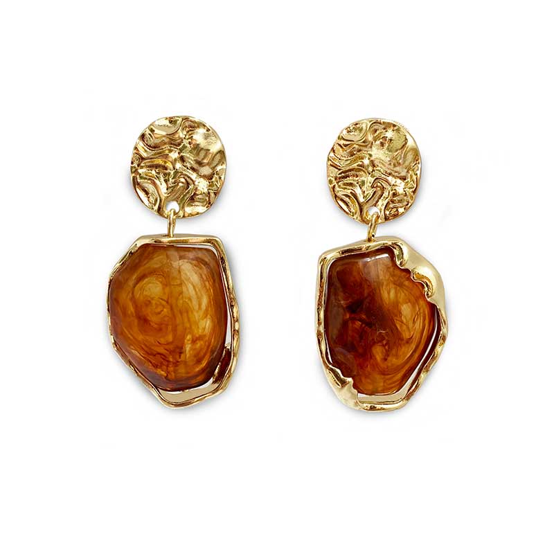 Product shot on white background of Elegant gold earrings with brown acrylic resin drops, Alethea Earrings by Dear Henley