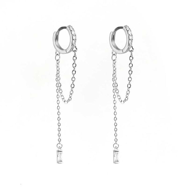 Sterling Silver Aurora Statement Earrings Product Image on a white background with hoop top and dainty hanging chain