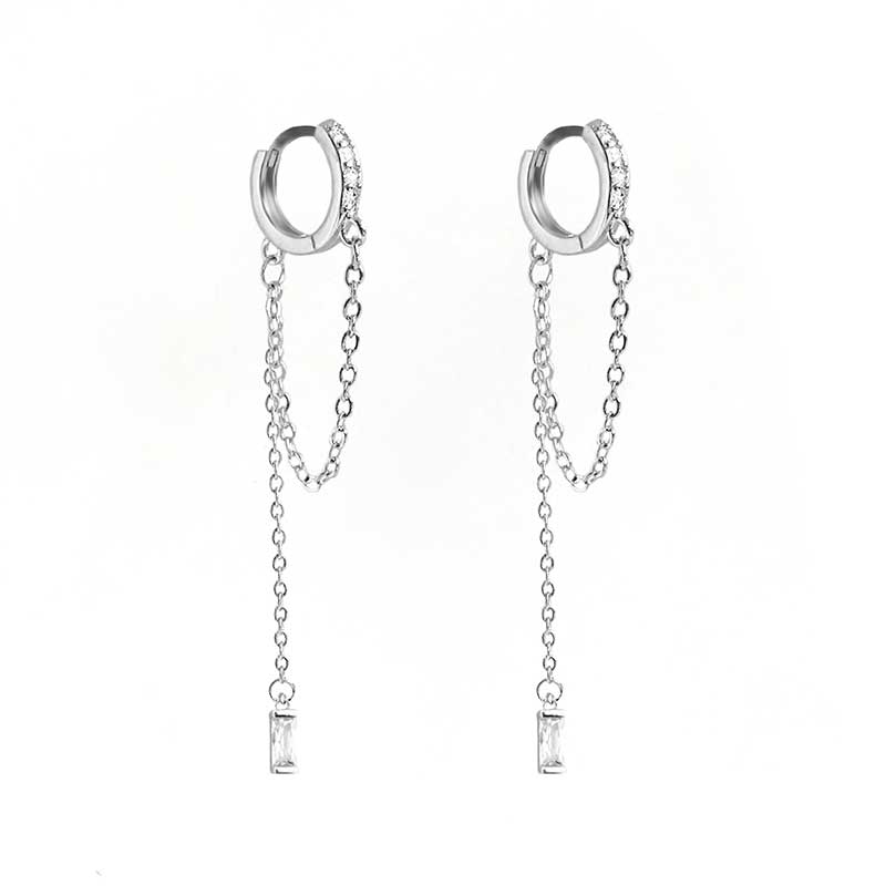 Sterling Silver Aurora Statement Earrings Product Image on a white background with hoop top and dainty hanging chain