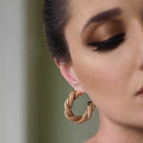 Woman Wearing Gold & Brown Quinn Statement Hoop Earrings Hoops