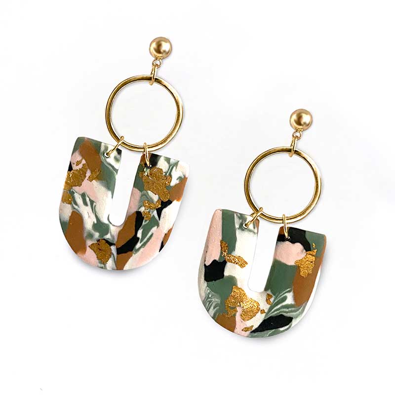 Gold, Green & Brown Sage Statement Earrings Polymer Clay Handmade Product Portrait Image